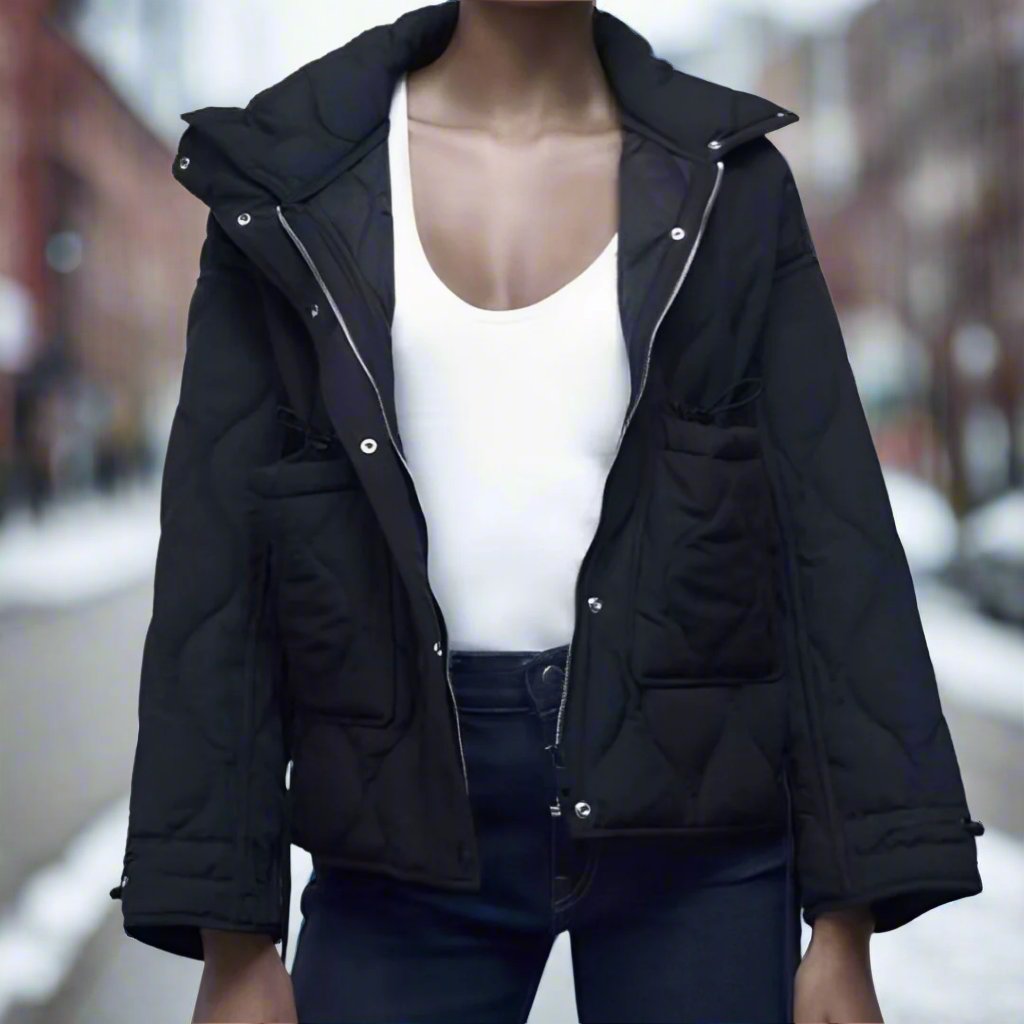 Women’s Cotton Hip-Length Jacket with Stand Collar and Drawstring