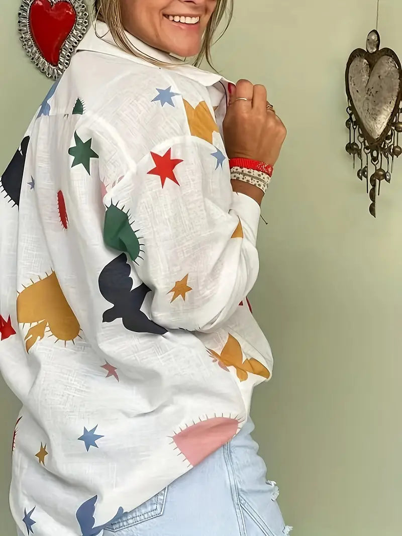 Linen Blend Printed Button-Down Loose Long Sleeve Blouse