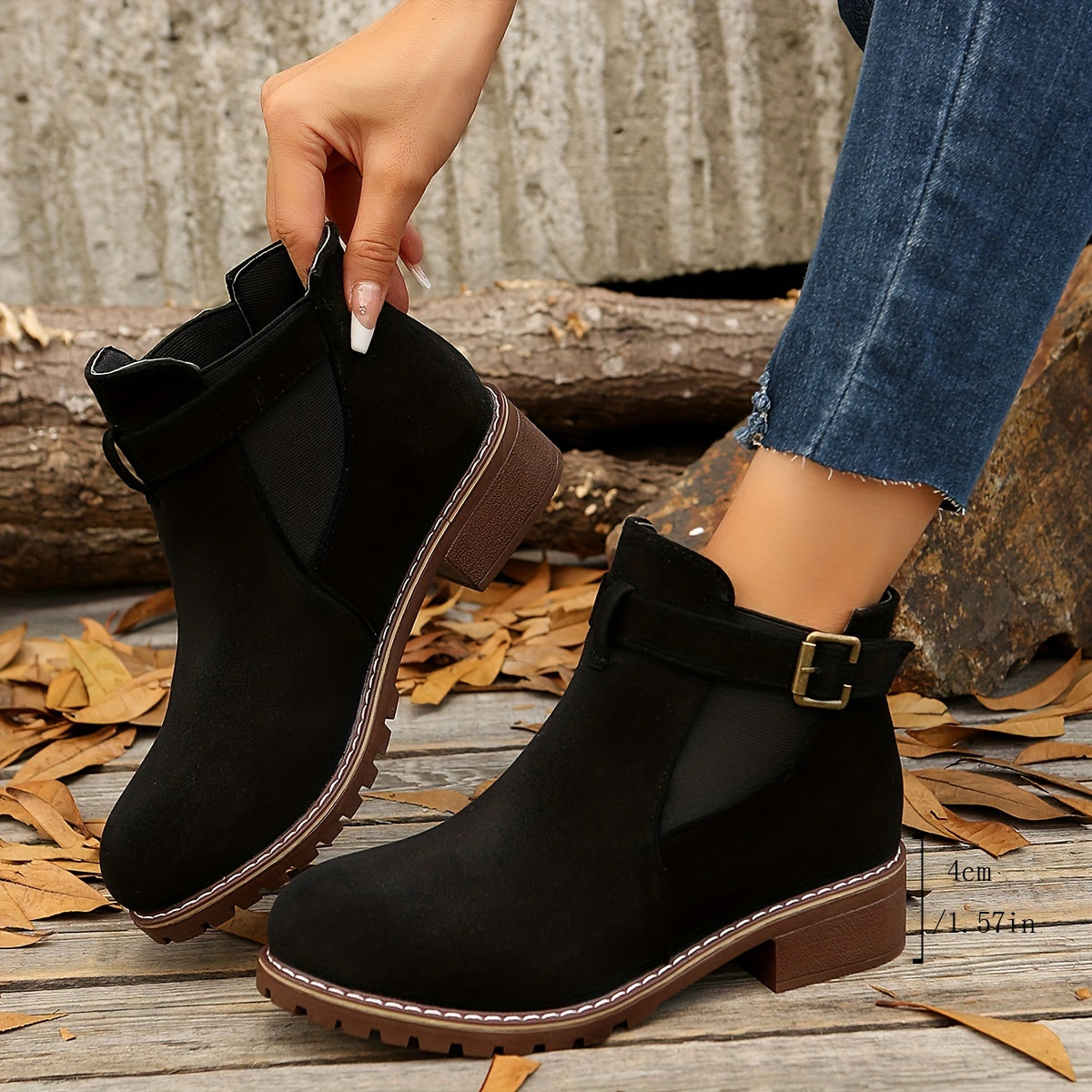 Chic Block Heel Ankle Boots with Buckle Strap and Elastic Sides