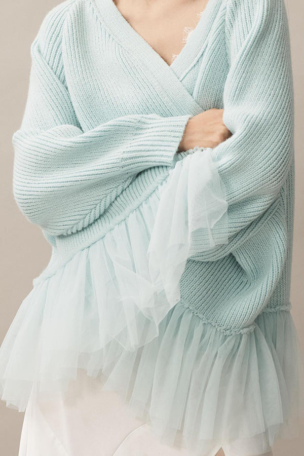 Mesh Ruffle Knit Cardigan with Long Sleeves