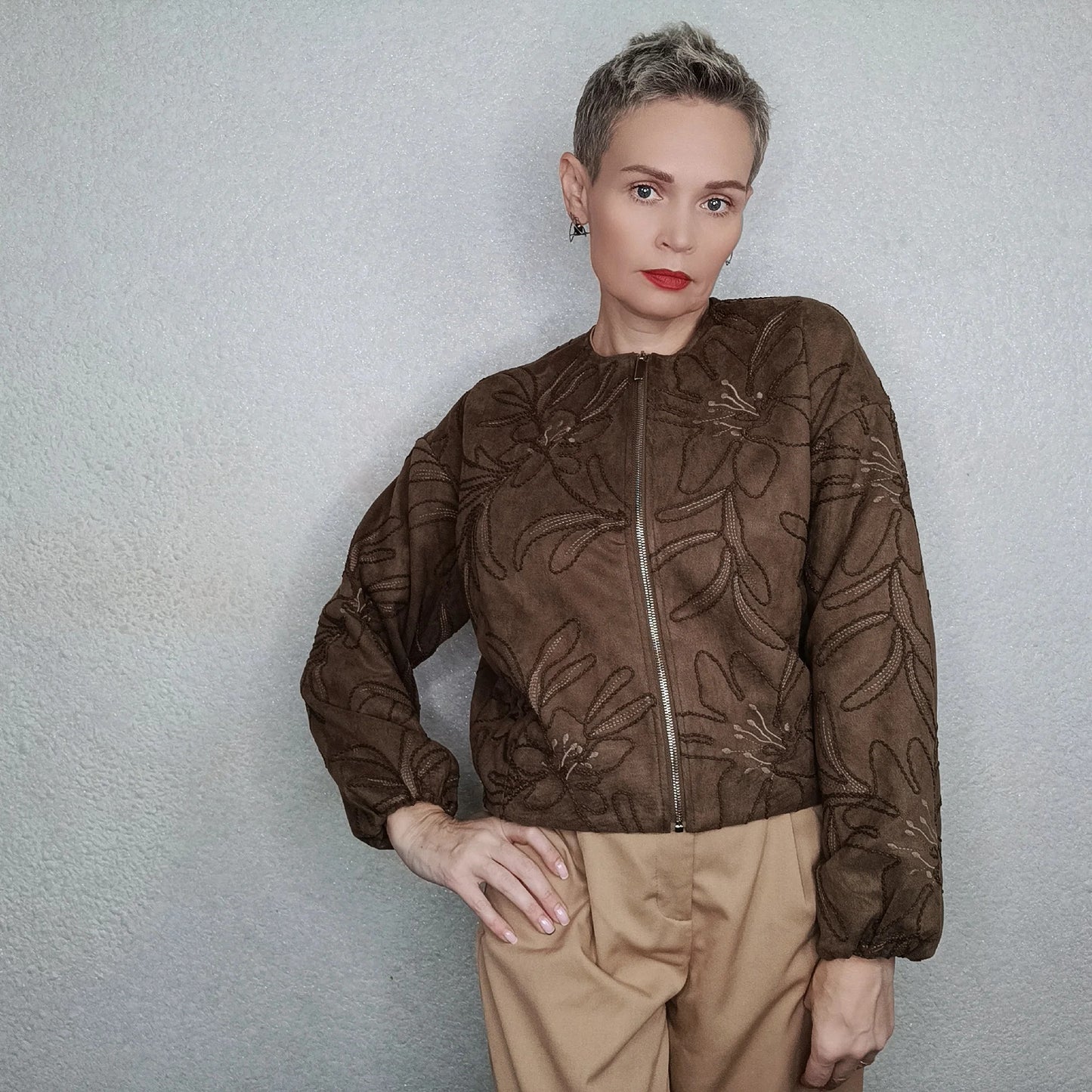 Suede Texture Embroidered Bomber Jacket