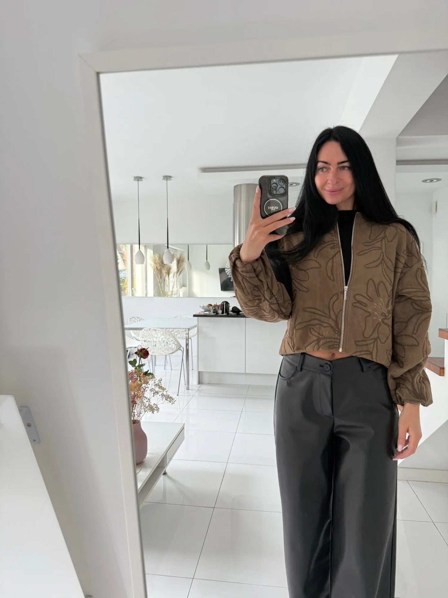 Suede Texture Embroidered Bomber Jacket