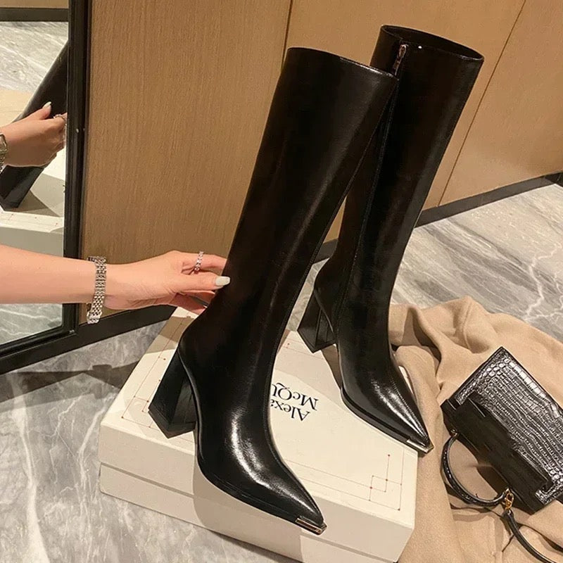 Sleek Black Knee High Pointed Leather Boots