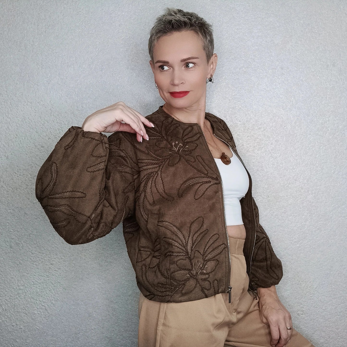 Suede Texture Embroidered Bomber Jacket