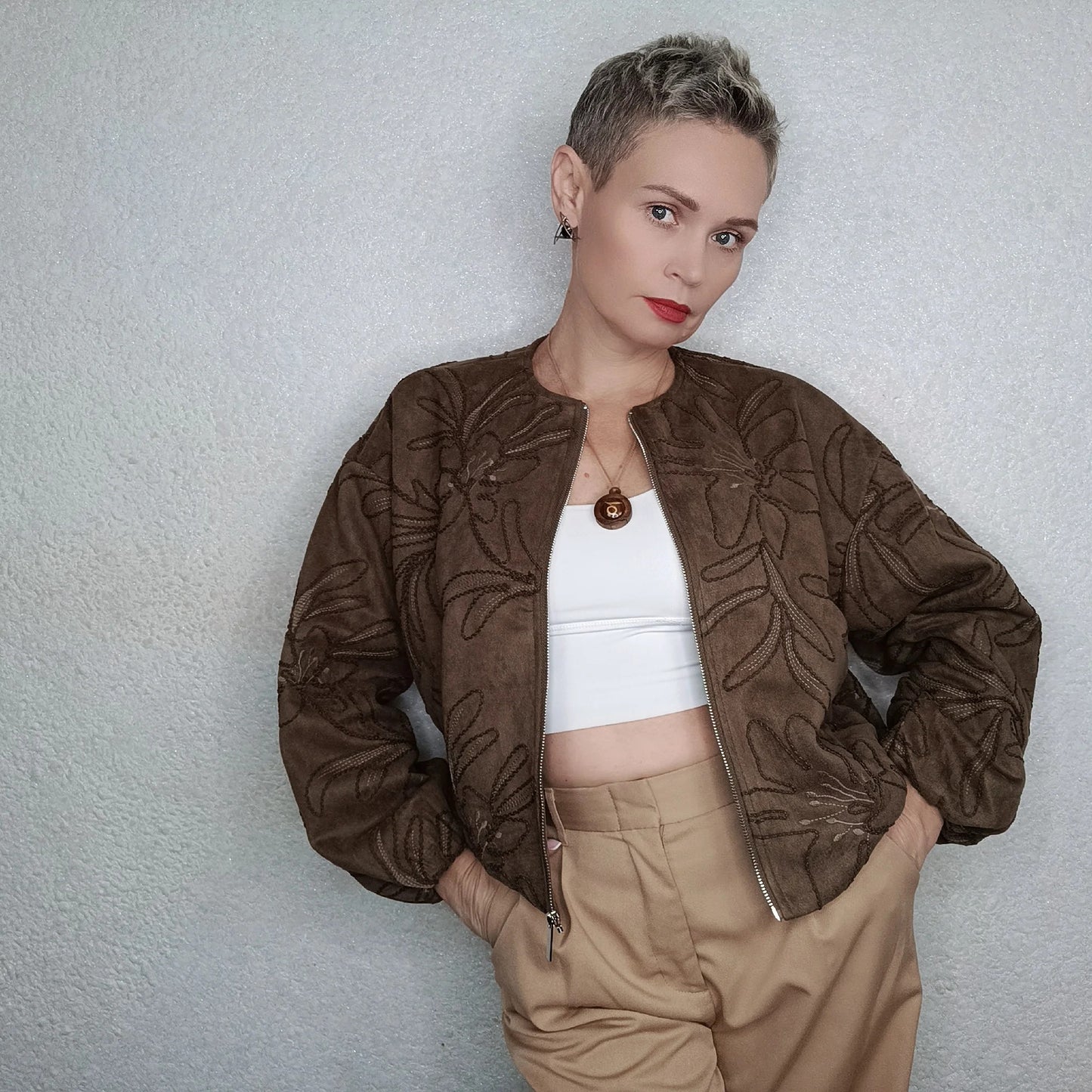 Suede Texture Embroidered Bomber Jacket