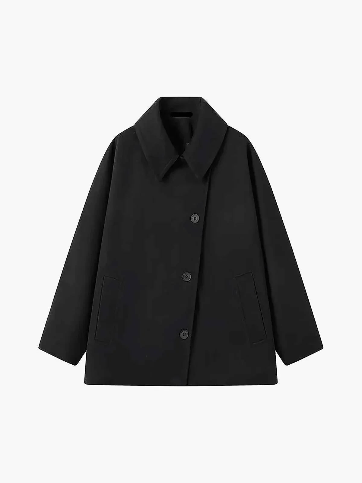 Oversized Women's Winter Coat with Lapel Collar and Asymmetric Buttons