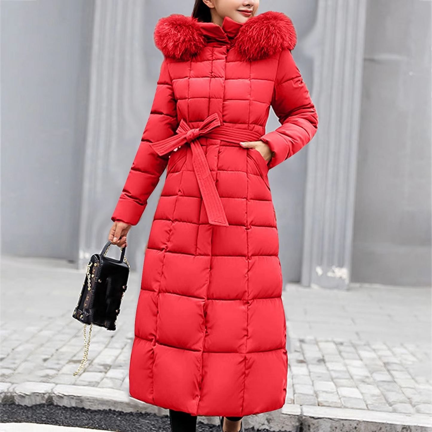 Stylish Long Puffer Coat with Faux Fur Collar