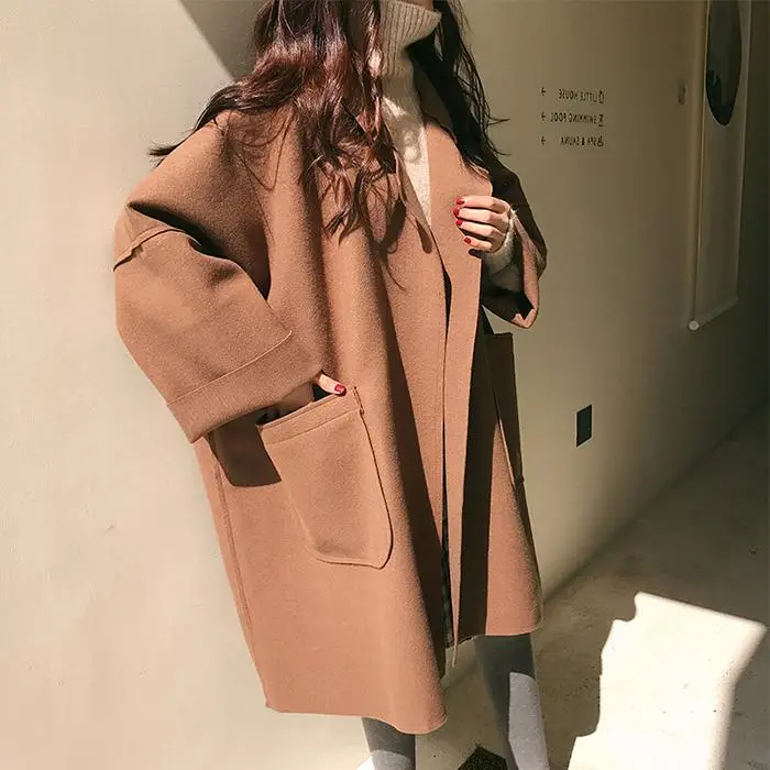 Oversized Wool Blend Coat with Pockets and Relaxed Fit