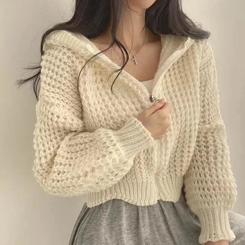 Cropped Hooded Knit Cardigan with Hollow Out Detail