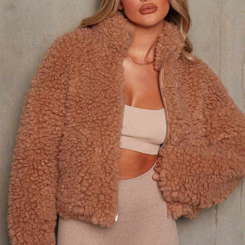 Wool Teddy Jacket with Zipper & High Collar