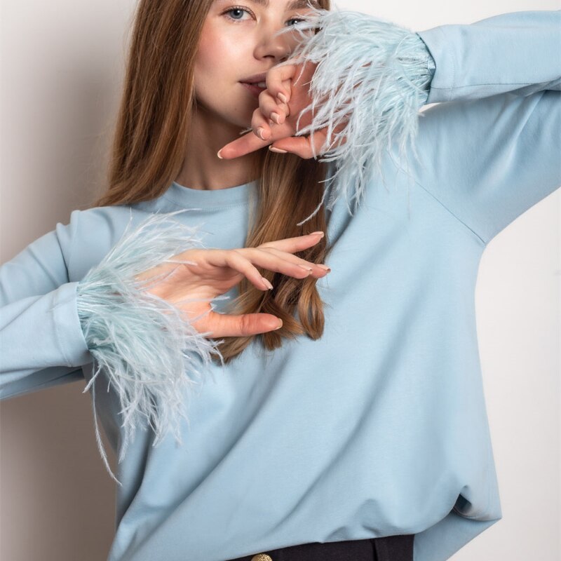 Elegant Feather-Trim Long Sleeve Shirt