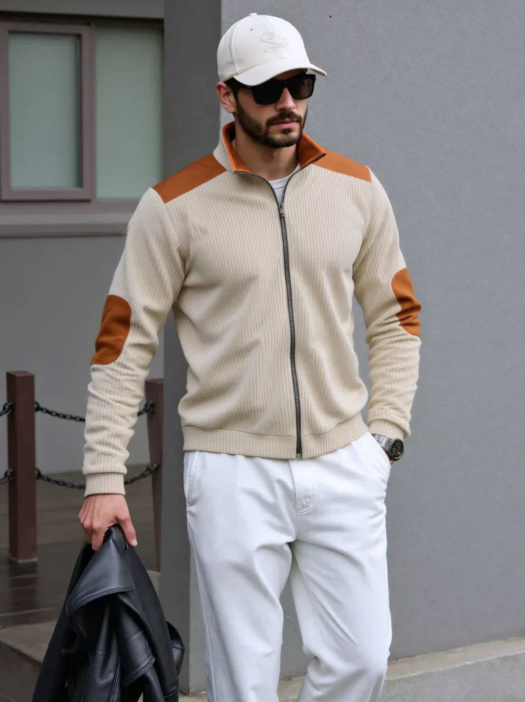Men’s Zip-Up Knit Cardigan with Shoulder and Elbow Patches