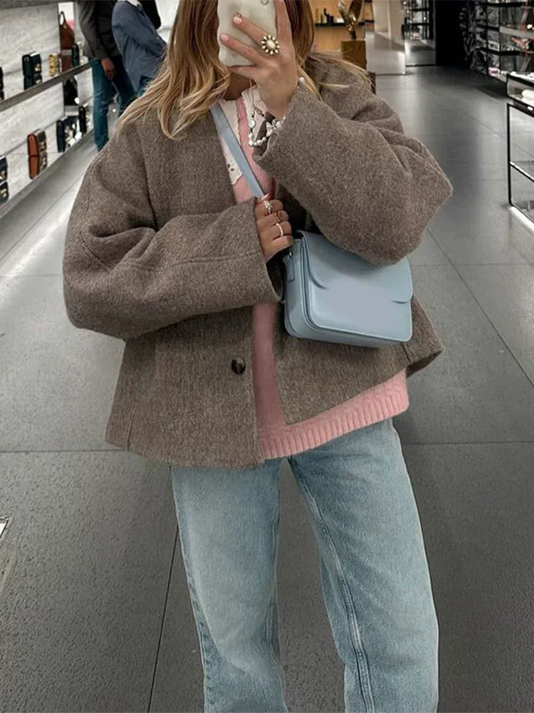 Oversized Wool Look V-Neck Coat for Women