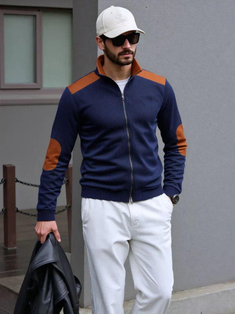 Men’s Zip-Up Knit Cardigan with Shoulder and Elbow Patches