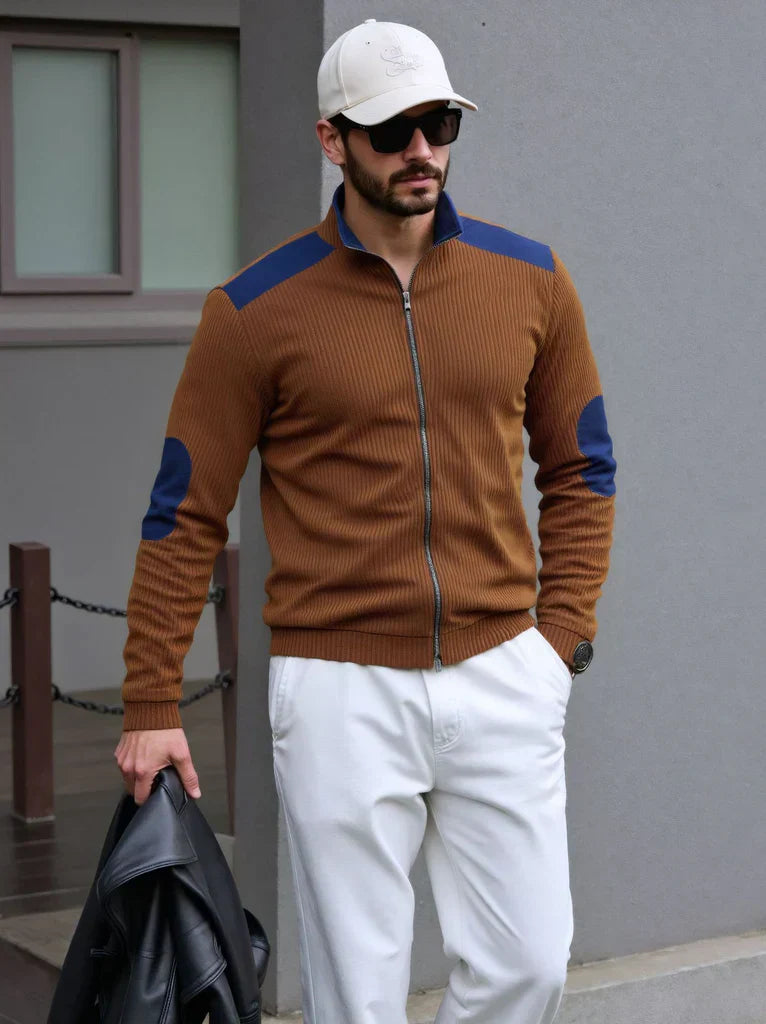 Men’s Zip-Up Knit Cardigan with Shoulder and Elbow Patches