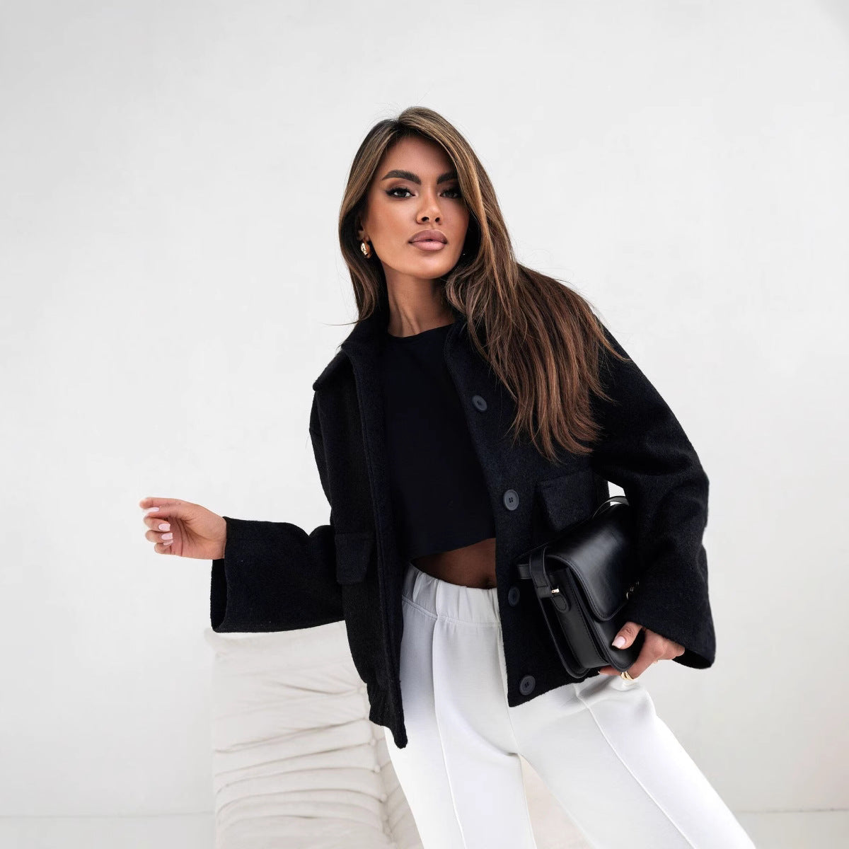 Oversized Wool Blend Short Jacket with Button Placket and Pockets