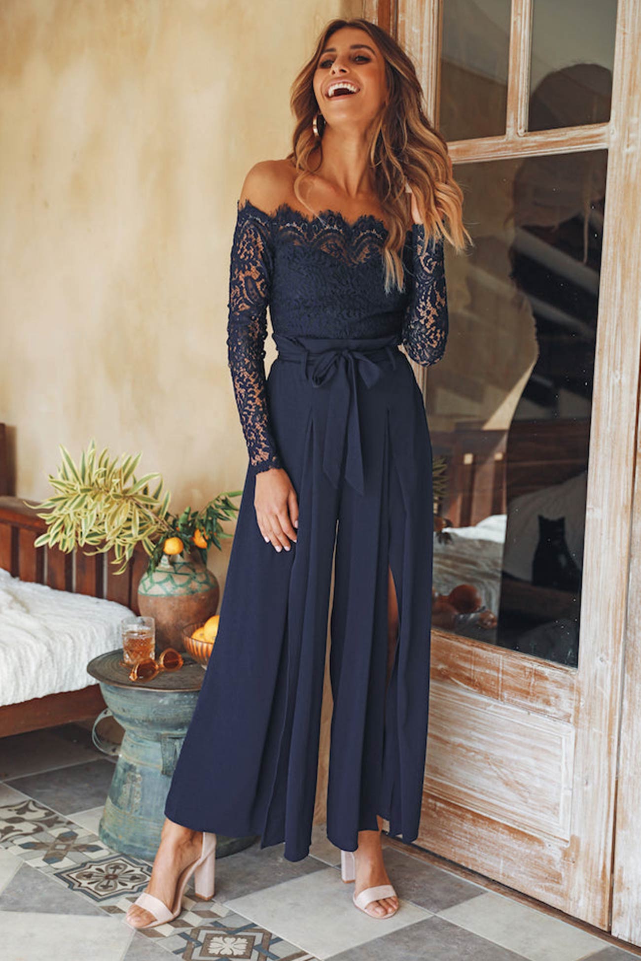 Off-Shoulder Slit Jumpsuit