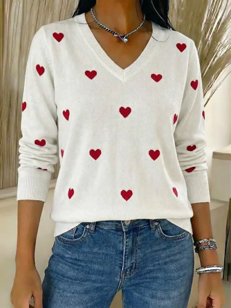 Heartfelt V-Neck Sweater with Charming Heart Pattern