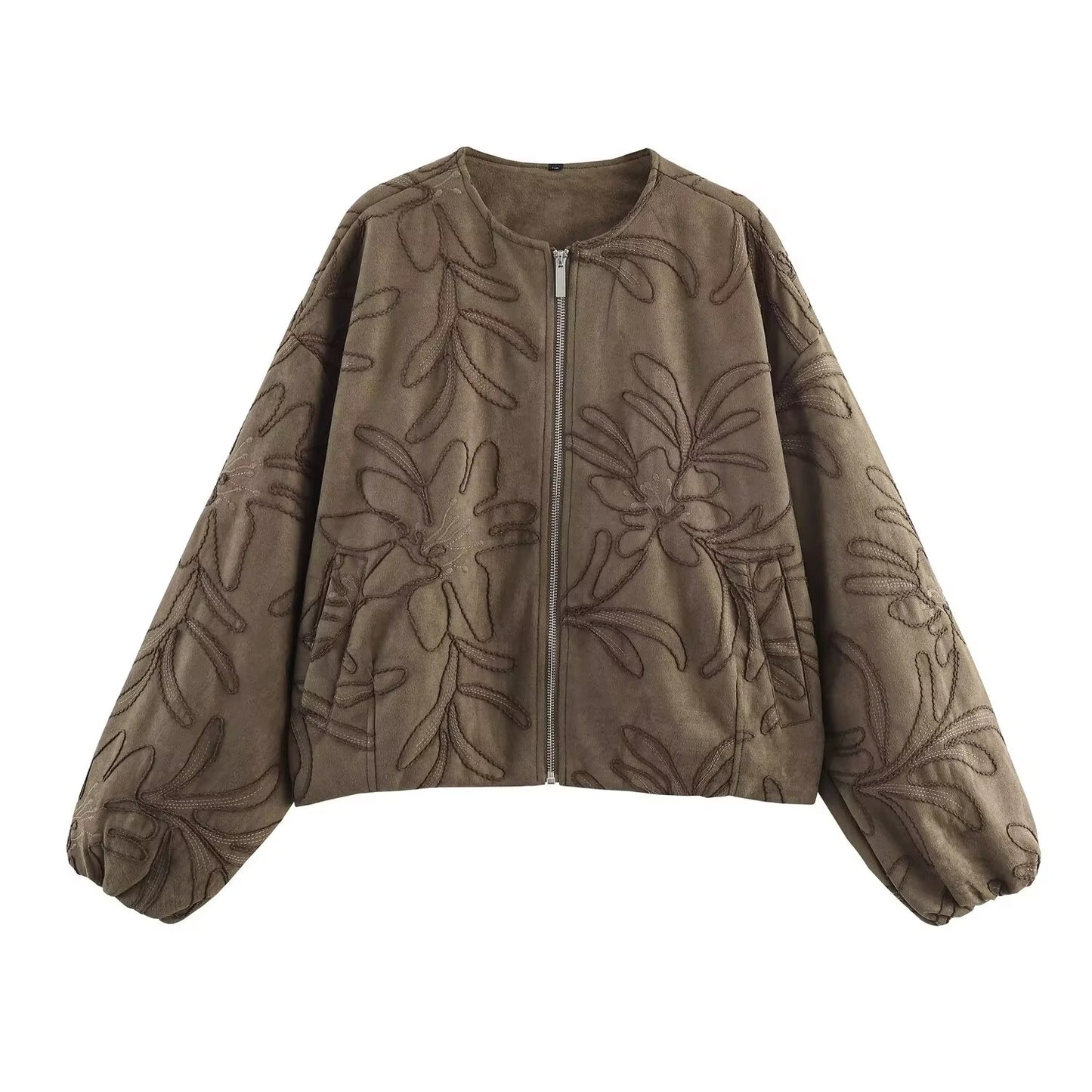 Suede Texture Embroidered Bomber Jacket