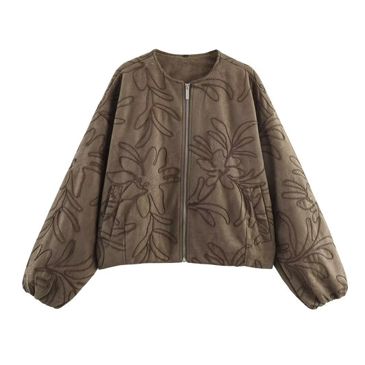 Suede Texture Embroidered Bomber Jacket