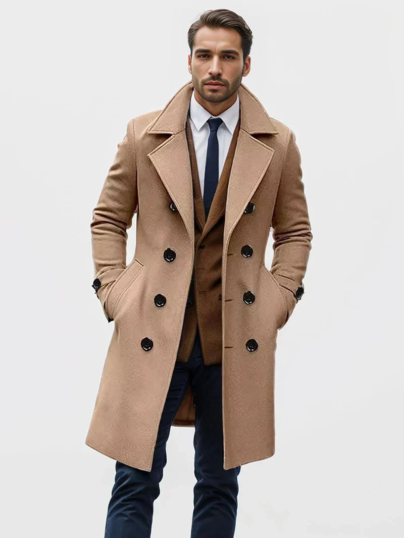 Men’s Long Double-Breasted Elegant Coat with Notched Collar