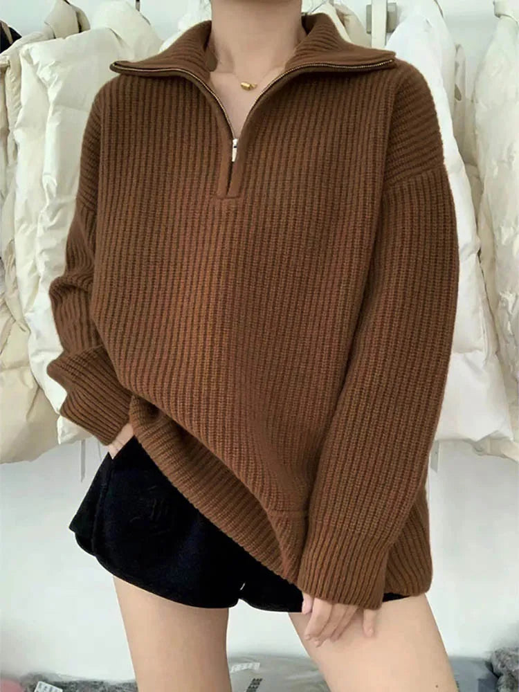 Cozy Thick Knit Zip Collar Sweater for Stylish Comfort