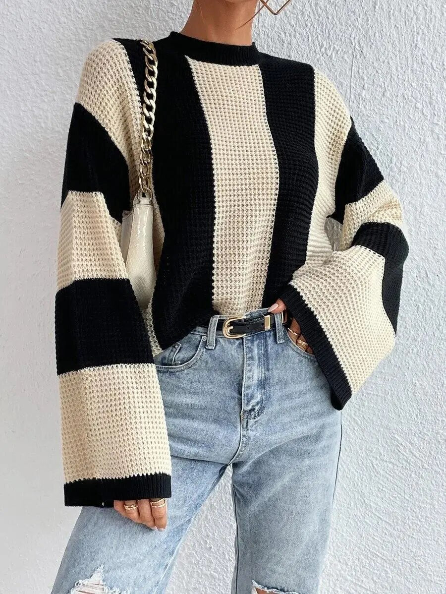 Cozy Bicolor Knitted Sweater with Wide Sleeves