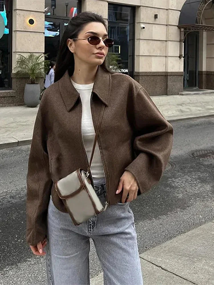 Cozy Brown Woolen Zipper Coat for Fall Layers