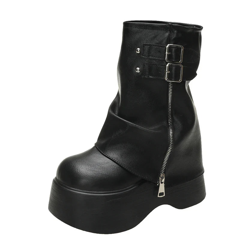Gothic Platform Buckle Mid Calf Zip Up Boots
