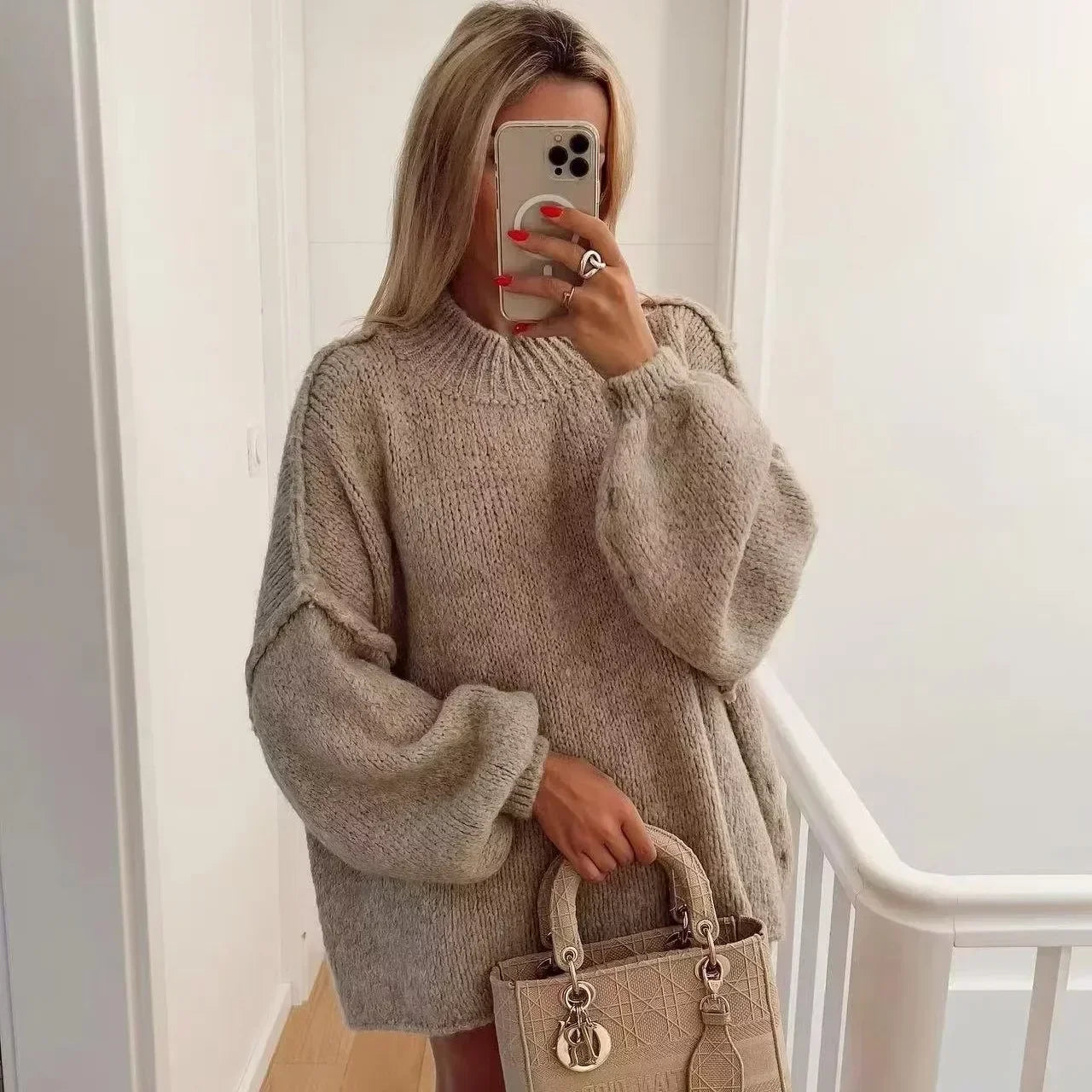 Cozy Knit Turtleneck Sweater with Puff Sleeves