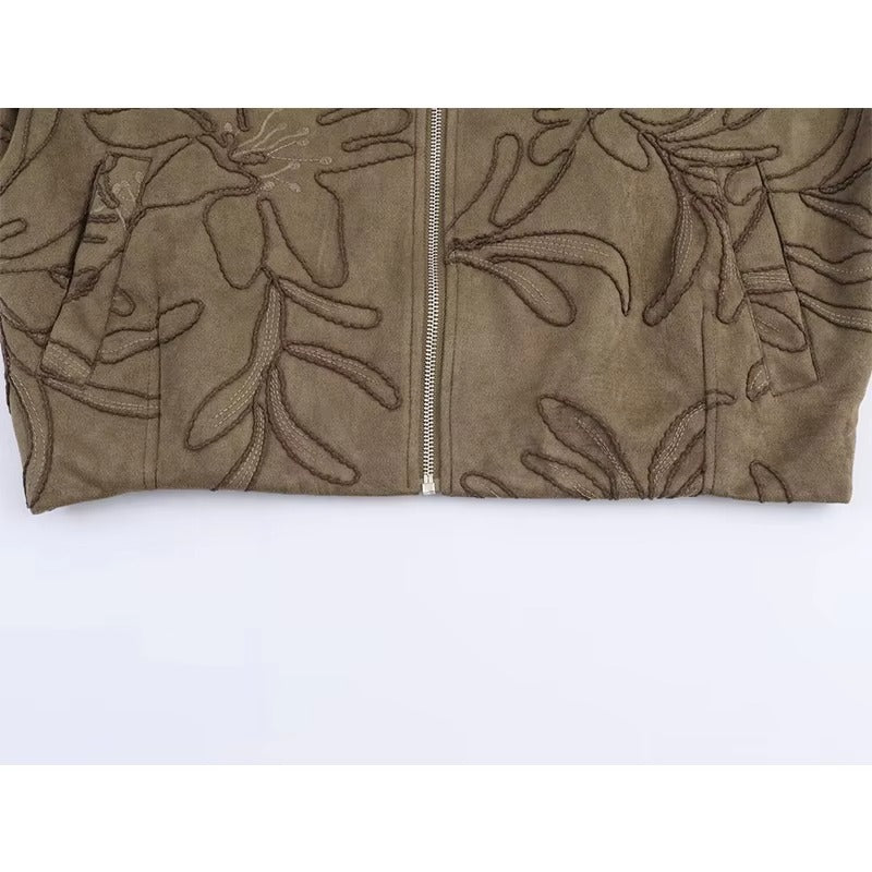 Suede Texture Embroidered Bomber Jacket