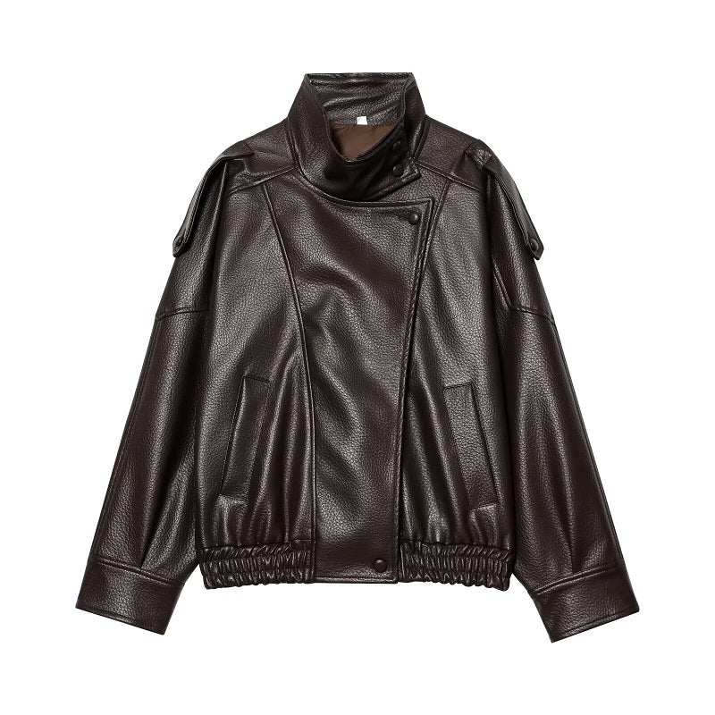 Women’s Asymmetric Stand Collar Leather Jacket
