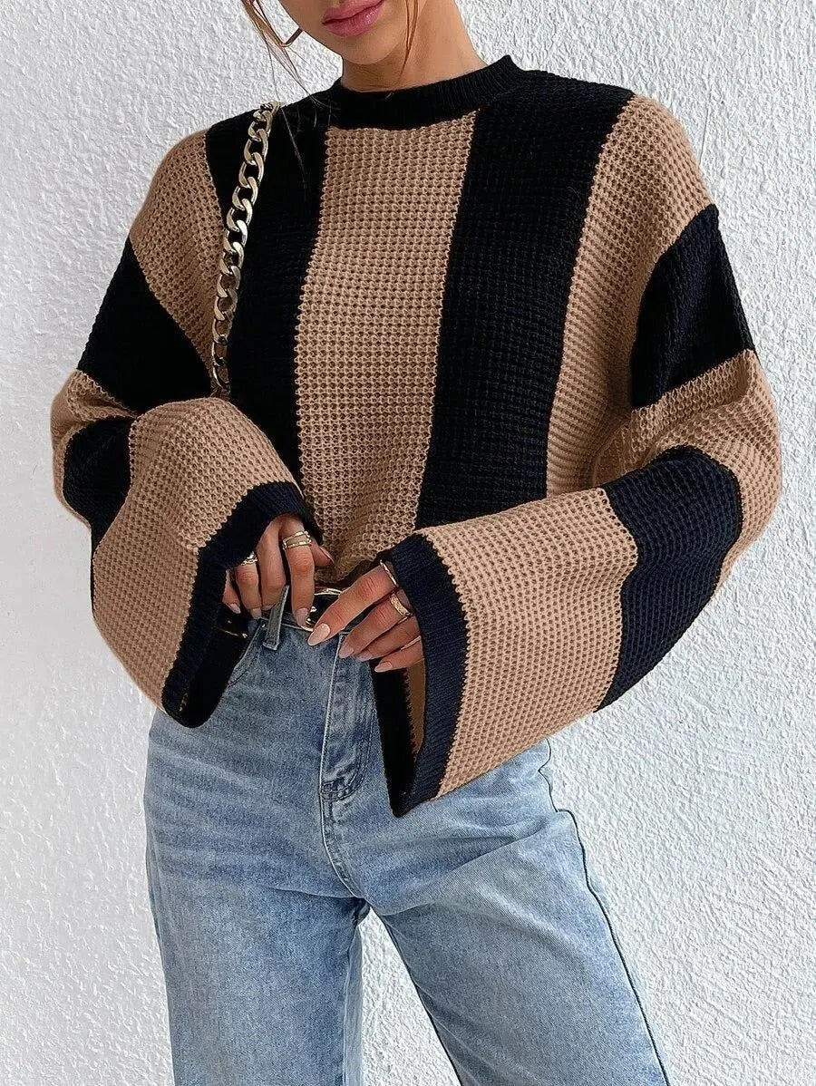 Cozy Bicolor Knitted Sweater with Wide Sleeves