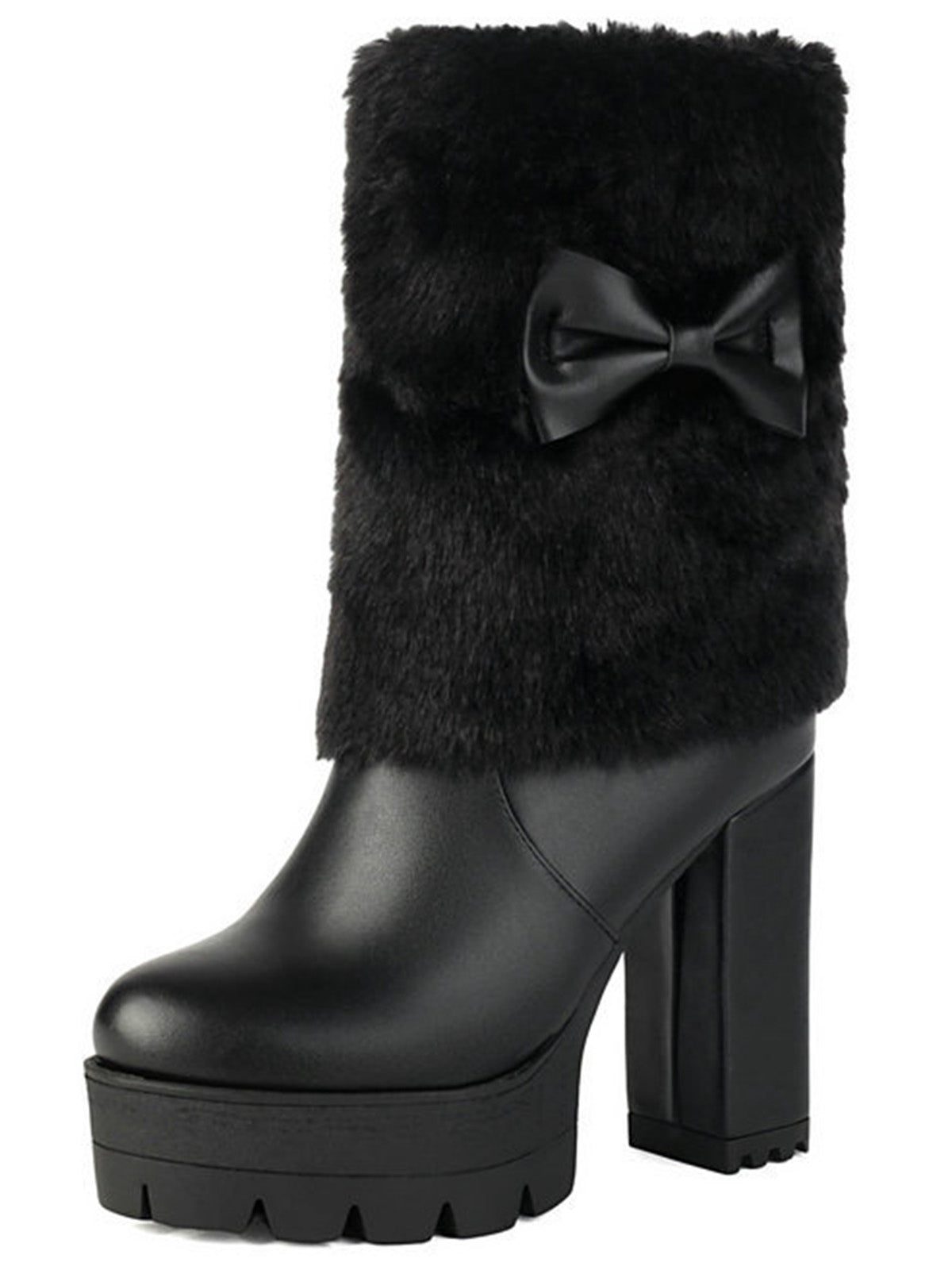 Chunky Heeled Plush Boots with Vintage Bow Accent