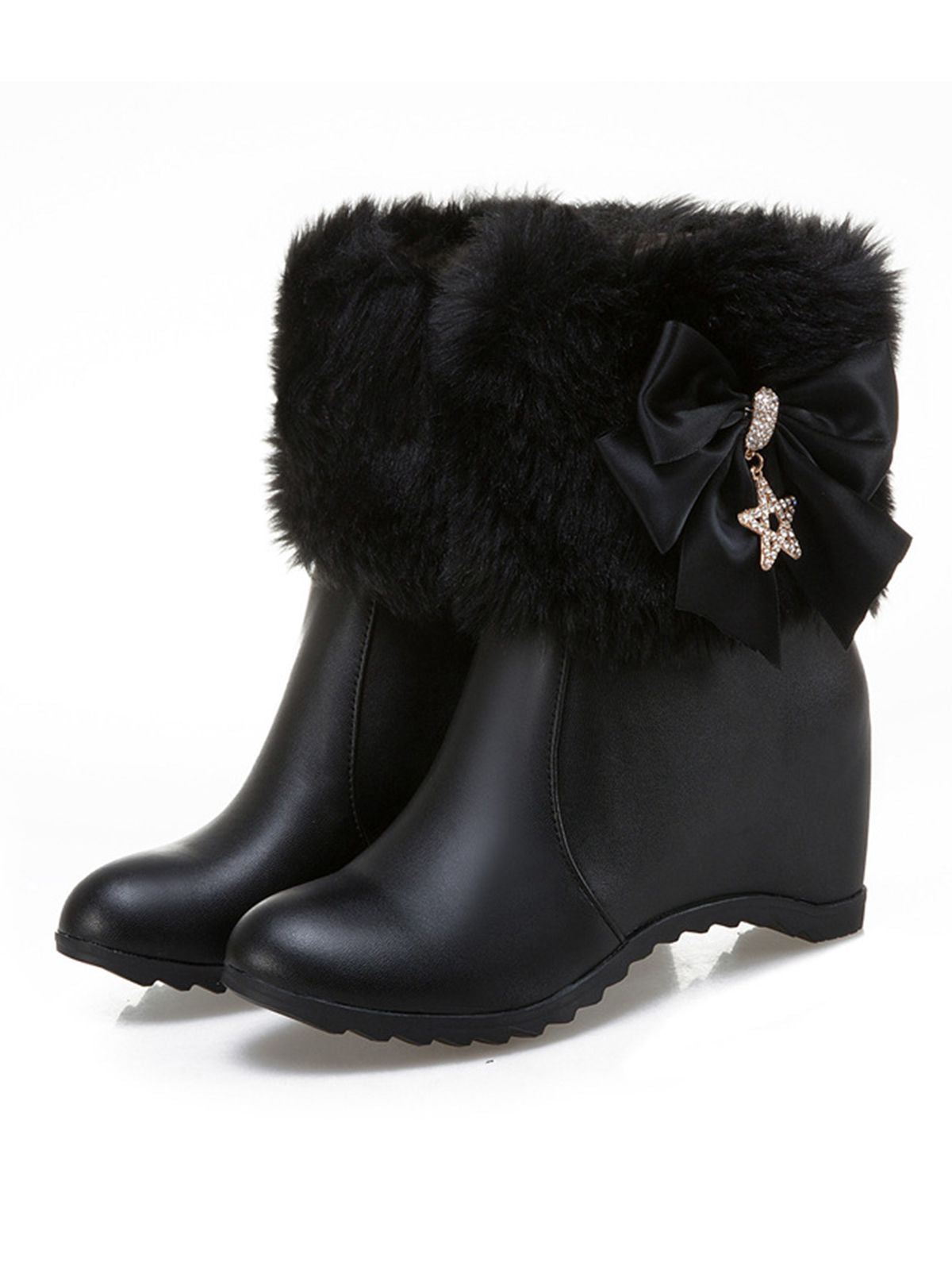 Vintage Faux Fur Wedge Boots with Bow and Star Detail