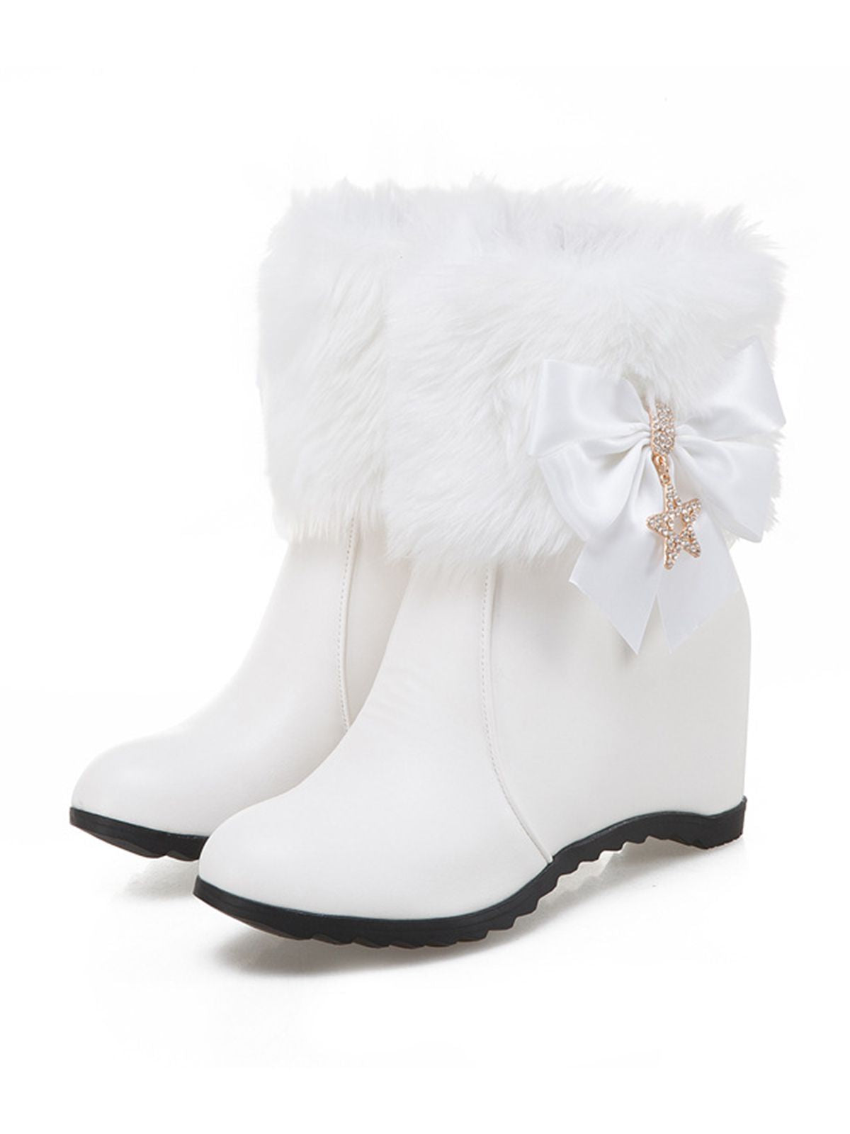 Vintage Faux Fur Wedge Boots with Bow and Star Detail