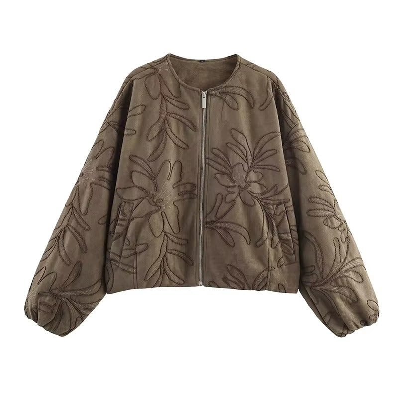 Suede Texture Embroidered Bomber Jacket