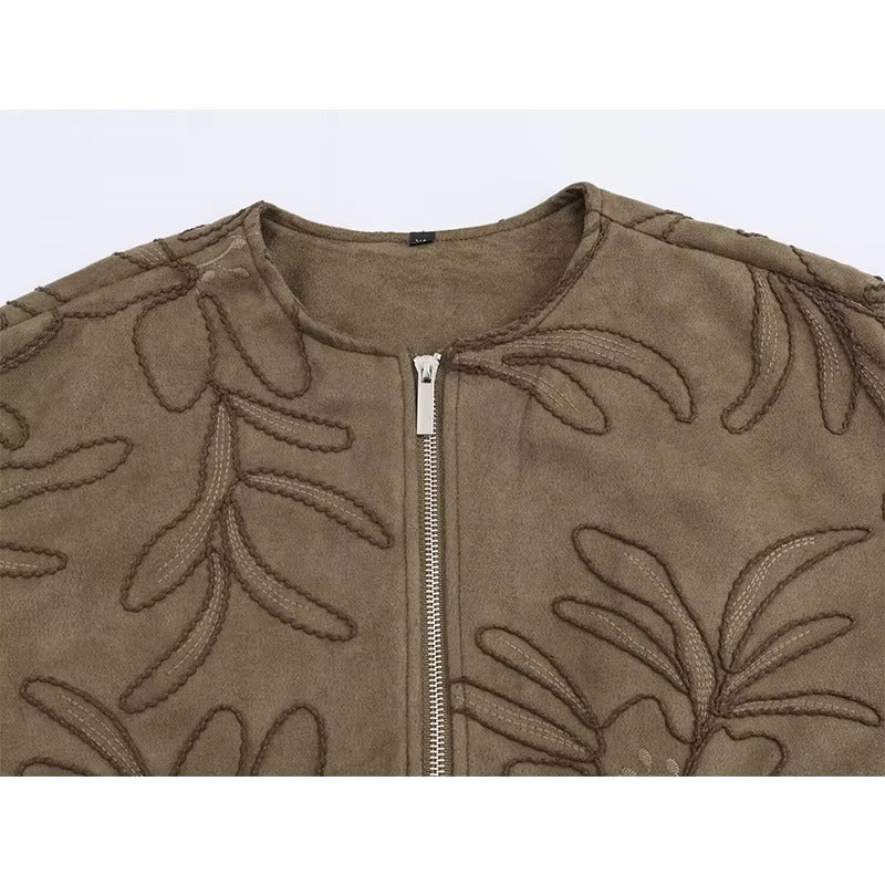 Suede Texture Embroidered Bomber Jacket