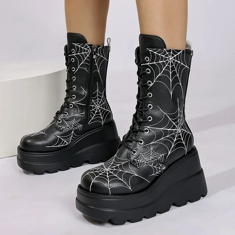 Gothic Chunky Platform Mid Calf Boots with Spider Web Detail