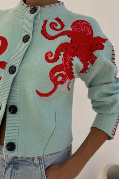 Cozy Coastal Knit Cardigan with Octopus Graphic and Contrast Piping