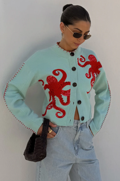 Cozy Coastal Knit Cardigan with Octopus Graphic and Contrast Piping