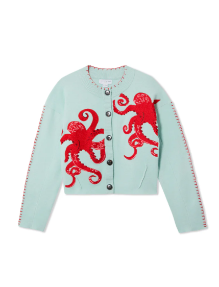 Cozy Coastal Knit Cardigan with Octopus Graphic and Contrast Piping