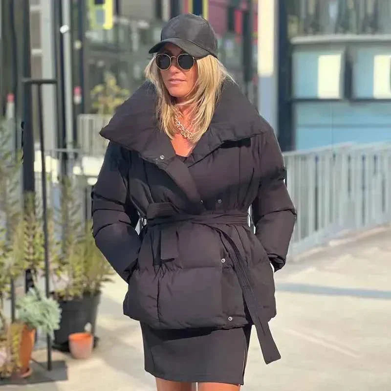 Women's Belted Puffer Coat with Wide Collar and Cozy Lining