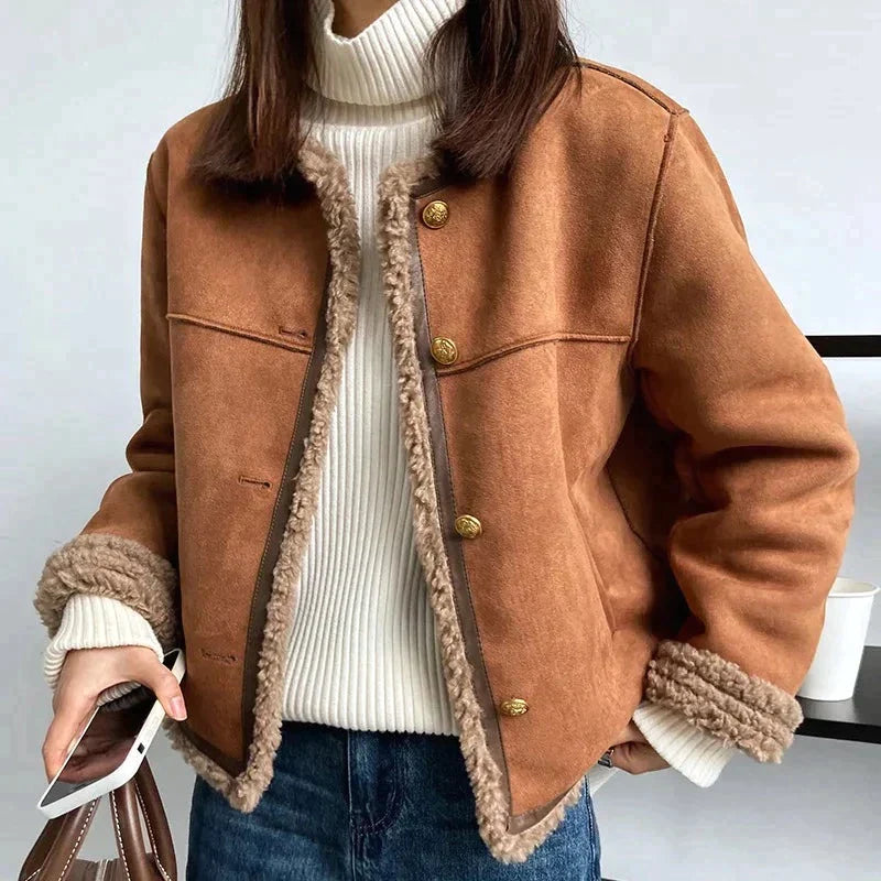 Cozy Brown Fleece-Lined Buttoned Jacket for Women