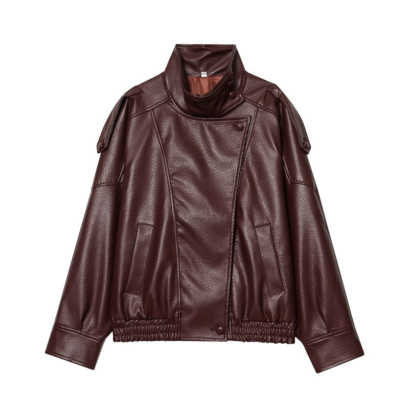Women’s Asymmetric Stand Collar Leather Jacket
