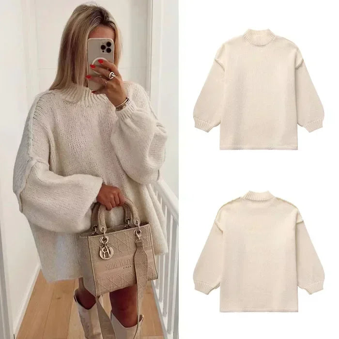 Cozy Knit Turtleneck Sweater with Puff Sleeves