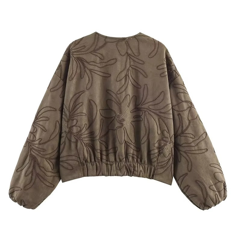 Suede Texture Embroidered Bomber Jacket