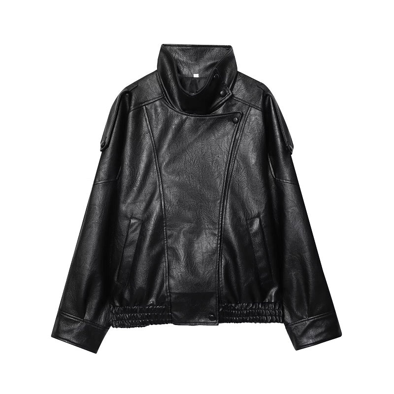 Women’s Asymmetric Stand Collar Leather Jacket