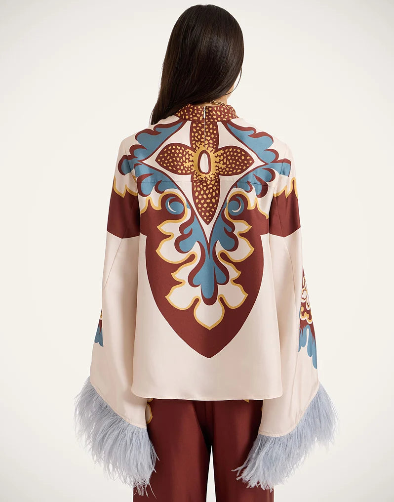 Bohemian Feather Trim Bell Sleeve High Neck Top