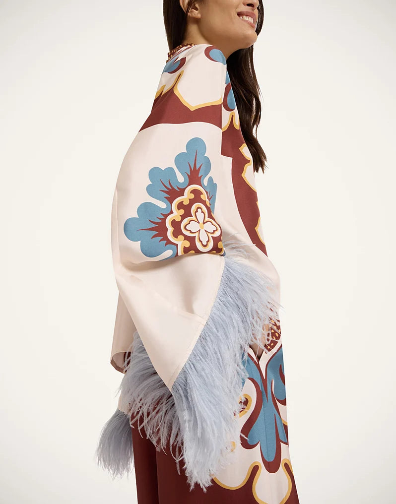 Bohemian Feather Trim Bell Sleeve High Neck Top